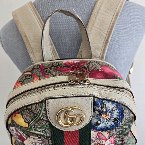 Gucci New Ophidia Flora Gg Supreme Canvas Brown Off White Beige Backpack - Picture 4 of 16